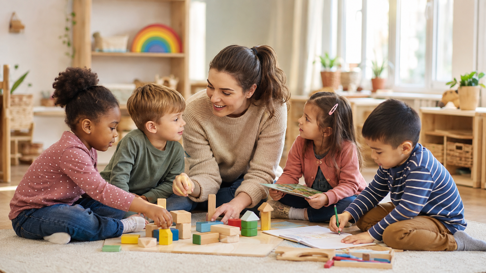 Pädagogische Fachkraft begleitet vier Kinder beim gemeinsamen Spielen und Lernen mit Holzbausteinen in einer KiTa