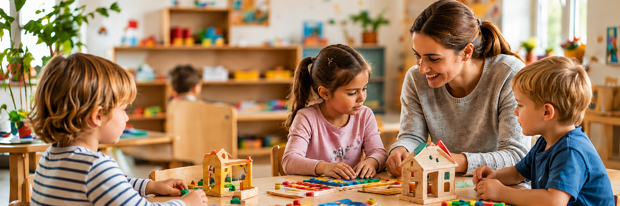 Pädagogische Fachkraft begleitet Kinder beim gemeinsamen Spielen mit Holzspielzeug im Kindergarten
